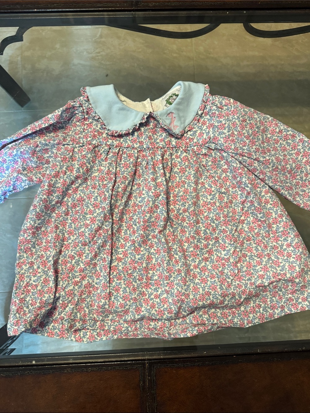 Pink Floral Long-Sleeve Girls Blouse with Light Blue Peter Pan Collar